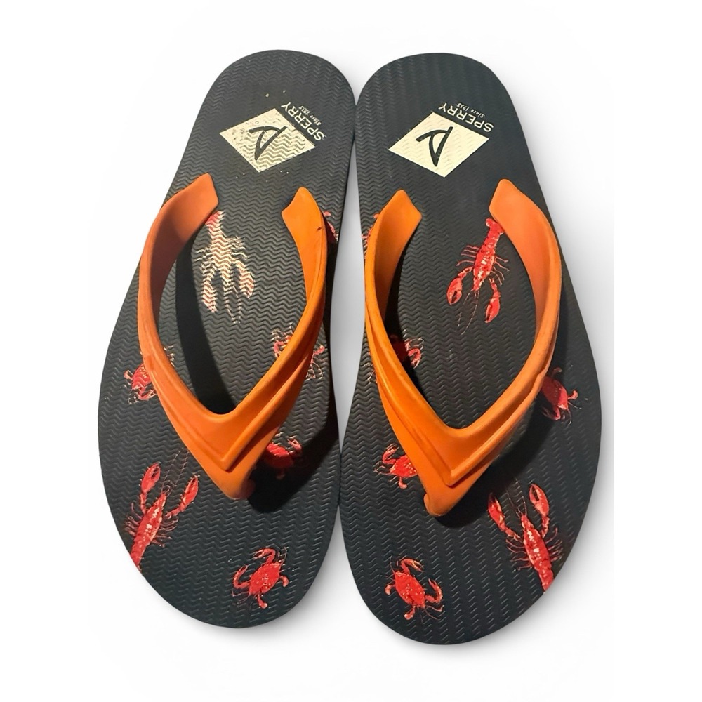 Sperry Flip Flops Mens Navy Blue Orange Lobster Print Nautical Thong Sandals